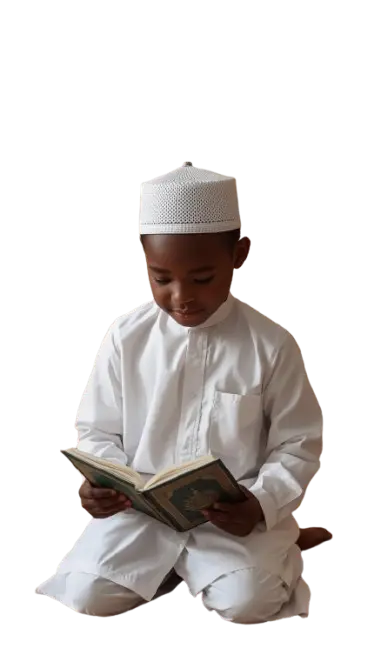Student reading Quran on a desk with calligraphy copy
